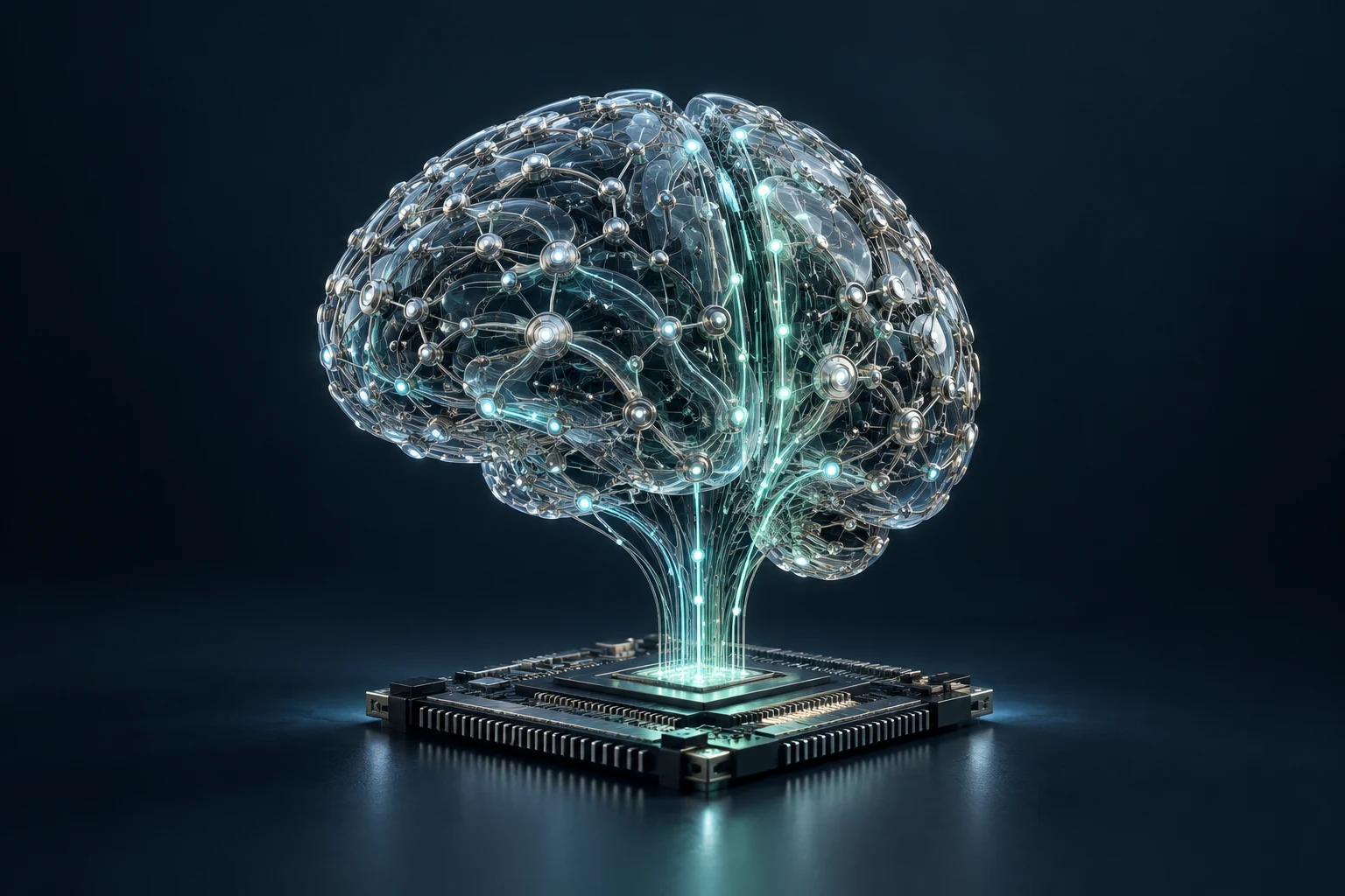 A technological neural brain formed from connected glass and metallic nodes above an AI processor